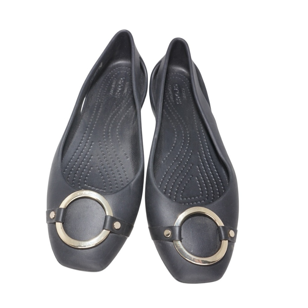 Crocs Sloane Black Flat Shoes Gold Ring Accent Cutout Slip On Comfort Size 8